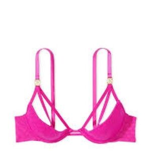 NWOT Victoria's Secret Logo Lace Open-Cup Demi Bra Set VS Logo Lace in Fuschia